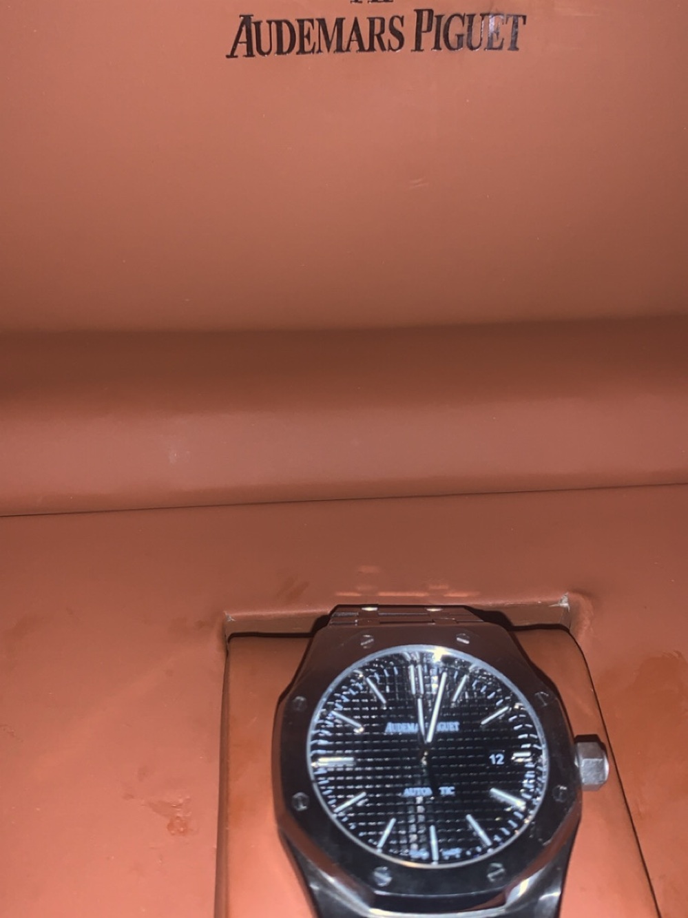 Audemars Piguet Black Dial Stainless Steel Watch in Orange Case
